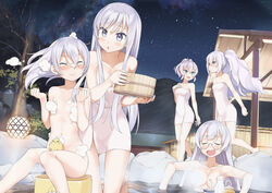  5girls azur_lane bare_tree bath bathing belfast_(azur_lane) blue_eyes blush breasts character_request check_character cleavage closed_eyes closed_mouth color_connection colored_eyelashes commentary convenient_censoring cup edinburgh_(azur_lane) flat_chest hair_color_connection javelin_(azur_lane) knees_together_feet_apart laffey_(azur_lane) lantern light_purple_hair long_hair looking_at_another manjuu_(azur_lane) medium_breasts multiple_girls naked_towel night nude onsen open_mouth outdoors purple_eyes red_eyes relaxing round_eyewear same-sex_bathing semi-rimless_eyewear shared_bathing short_hair sidelocks sky smile soap_bubbles soap_censor star_(sky) starry_sky steam steam_censor teacup teapot towel trait_connection tree tsubure_manjuu twintails very_long_hair washing_another washing_hair z1_leberecht_maass_(azur_lane) 