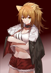  absurdres animal_ears arknights black_choker black_jacket breasts brown_hair chinese_commentary choker cleavage collarbone commentary_request cowboy_shot crossed_arms female fur-trimmed_jacket fur-trimmed_shorts fur_trim gradient_background hair_between_eyes highres jacket jacket_on_shoulders lion_ears long_hair looking_at_viewer medium_breasts midriff mouth_hold navel red_background red_shorts sao7 short_shorts shorts siege_(arknights) solo standing stomach tank_top white_tank_top yellow_eyes 