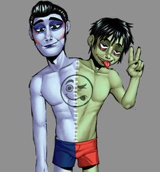  2_heads black_hair blue_body blue_skin boxers_(clothing) clothed clothing colored_nails conjoined dreamscreep duo green_body green_skin hair hi_res humanoid makeup male multi_head nails not_furry ruby_gloom_(series) shaded short_hair stitch_(sewing) tattoo underwear underwear_only 