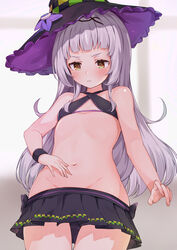  absurdres bare_arms bare_shoulders bikini bikini_skirt black_bikini black_headwear blunt_bangs blurry blurry_background blush brown_eyes closed_mouth commentary_request criss-cross_halter depth_of_field female grey_hair groin hairband halterneck hand_on_own_stomach hat highres hololive long_hair murasaki_shion murasaki_shion_(hololive_summer_2019) navel official_alternate_costume racchi. revision solo stomach swimsuit thigh_gap two-sided_fabric two-sided_headwear v-shaped_eyebrows very_long_hair virtual_youtuber witch_hat 