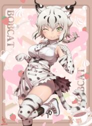  ;) animal_ear_fluff animal_ears animal_print bare_shoulders belt black_hair blush_stickers bobcat_(kemono_friends) boots breasts character_name closed_mouth collared_shirt cup drink ear_tufts elbow_gloves extra_ears female food foot_up fruit gloves grey_hair hair_between_eyes hands_up high-waist_skirt highres ito_yoki kemono_friends looking_at_viewer low_ponytail medium_breasts miniskirt multicolored_hair necktie one_eye_closed paw_pose print_gloves print_necktie print_skirt print_towel saucer shirt skindentation skirt sleeveless sleeveless_shirt smile solo standing standing_on_one_leg strawberry tail taut_clothes taut_shirt thighhighs towel two-tone_hair white_shirt wing_collar yellow_eyes zettai_ryouiki 