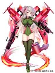  aircraft airplane breasts covered_navel detached_sleeves dual_wielding female full_body gakuon_(gakuto) green_thighhighs gun hair_ribbon holding holding_gun holding_weapon large_breasts long_hair official_art red_eyes red_ribbon ribbon sanzenkai_no_avatar scrunchie smile solo standing thighhighs thighs very_long_hair watermark weapon white_background wrist_scrunchie 