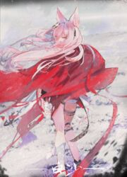  absurdres animal_ears arknights cape covered_mouth feet_out_of_frame female floating_hair from_behind grey_sky hair_between_eyes hair_ornament hair_over_mouth highres long_hair looking_at_viewer looking_back loopkya outdoors pink_hair pozyomka_(arknights) red_cape red_eyes sky snow solo wolf_ears wolf_girl 