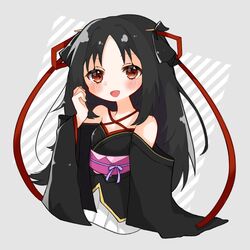  bad_id bad_twitter_id bare_shoulders black_hair female hair_ribbon highres japanese_clothes kimono kimono_skirt looking_at_viewer machine-doll_wa_kizutsukanai open_mouth red_eyes ribbon short_kimono solo summer116_j yaya_(machine-doll) 