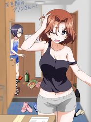  2girls azumi_(girls_und_panzer) black_shirt blue_eyes blue_hair blue_shorts blush boko_(girls_und_panzer) breasts brown_hair collarbone girls_und_panzer grey_shorts highres indoors key_(gaigaigai123) large_breasts looking_at_viewer multiple_girls navel one_eye_closed open_mouth rumi_(girls_und_panzer) shirt short_hair shorts small_breasts standing 