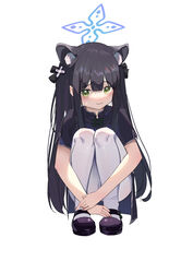  absurdres animal_ear_fluff animal_ears bad_id bad_pixiv_id black_dress black_footwear black_hair blue_archive blunt_bangs blush china_dress chinese_clothes commentary dress etoile female full_body green_eyes highres long_hair mary_janes pantyhose shoes short_sleeves shun_(blue_archive) shun_(small)_(blue_archive) simple_background solo squatting tiger_ears twintails white_background white_pantyhose 