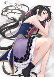  ;o absurdres animal_ears bare_legs bare_shoulders bed_sheet black_hair black_socks blush breasts cat_ears cat_girl cat_tail dress feet female frilled_dress frills green_eyes hair_ribbon highres karyl_(princess_connect!) layered_dress long_hair low_twintails lying multicolored_clothes multicolored_dress multicolored_hair on_bed on_side one_eye_closed parted_lips princess_connect! purple_ribbon ribbon single_sock sleeveless sleeveless_dress socks solo streaked_hair tail takubon twintails very_long_hair waking_up white_hair 