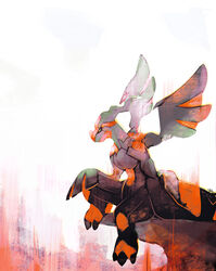  claws commentary creature english_commentary from_side full_body gen_5_pokemon highres legendary_pokemon multiple_sources no_humans pokemon pokemon_(creature) salanchu simple_background sitting solo white_background zekrom 