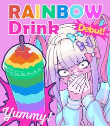  april_fools blue_hair blue_nails bow chouzetsusaikawa_tenshi-chan commentary_request constricted_pupils covering_own_mouth cup disgust disposable_cup drinking_straw eencya english_text female gradient_hair hairbow holographic_clothing multicolored_hair multicolored_nails multiple_hair_bows nail_polish needy_girl_overdose official_art pink_hair pink_nails pixel_art quad_tails sailor_collar school_uniform serafuku smoothie solo sweat upper_body white_hair 