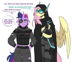  anthro anthrofied asking asking_another cloak clothing color_coded color_coded_speech_bubble color_coded_text dialogue duo english_text equid equine eye_patch eye_scar eyewear facial_scar female fingerless_gloves fluttershy_(mlp) friendship_is_magic gloves goggles handwear hasbro hi_res horn mammal my_little_pony mythological_creature mythological_equine mythology partial_speech_bubble pegasus question redxbacon scar simple_background speech_bubble talking_to_another text tsk_tsk twilight_sparkle_(mlp) ugh unicorn vowelless vowelless_vocalization white_background wings yes-no_question 