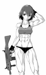  abs arm_up armpits assault_rifle breasts collarbone covered_nipples earrings ebr-kii feet_out_of_frame female gloves greyscale gun hand_on_own_head highres holding holding_gun holding_weapon jewelry looking_to_the_side monochrome muscular muscular_female navel obliques original panties rifle short_hair solo sports_bra stomach underwear weapon 