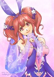  artist_name breasts dated dress elbow_gloves female gloves head_tilt highres ichigo_jam macross macross_delta macross_delta:_zettai_live!!!!!! makina_nakajima medium_breasts pink_background purple_dress purple_gloves red_eyes red_hair smile solo twintails upper_body 