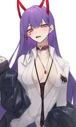  absurdres akuma_nihmune akuma_nihmune_(1st_costume) annoyed bad_id bad_twitter_id black_jacket black_necktie breasts cleavage collar collarbone collared_shirt daiishori ear_piercing facial_mark female hair_behind_ear heart heart_facial_mark highres inactive_account indie_virtual_youtuber jacket medium_breasts necktie off_shoulder open_mouth piercing pink_eyes red_collar shirt teeth virtual_youtuber white_background 