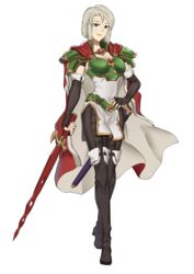  amalda_(fire_emblem) armor black_footwear breastplate brown_eyes cape ebinku english_commentary female fingerless_gloves fire_emblem fire_emblem:_thracia_776 gloves green_armor grey_hair hand_on_own_hip highres holding holding_sword holding_weapon looking_at_viewer mole pauldrons red_cape short_hair shoulder_armor solo sword two-tone_cape weapon 