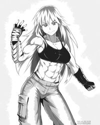  abs arm_armor arm_up black_sports_bra breasts cargo_pants cleavage clenched_hand collarbone ebr-kii female fingerless_gloves gauntlets gloves greyscale long_hair looking_at_viewer male_underwear male_underwear_peek midriff monochrome multicolored_hair muscular muscular_female navel obliques original pants pose simple_background smile smirk solo sports_bra underwear 