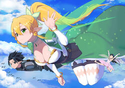  1boy 2girls :d ^_^ anklet armor arms_up barefoot belt bird black_eyes black_hair blonde_hair blue_sky bracelet braid breasts brown_belt choker chou_shippai-saku cleavage closed_eyes cloud cloudy_sky day detached_sleeves dress elf fairy fairy_wings flower flying from_side full_body gem green_dress green_eyes green_wings hair_between_eyes hair_flower hair_ornament hand_up highres jewelry juliet_sleeves kirito kirito_(sao-alo) large_breasts leafa leather_belt long_hair long_sleeves looking_at_viewer looking_to_the_side magic mini_person minigirl multiple_girls multiple_wings ocean open_mouth outdoors photoshop_(medium) pointy_ears ponytail puffy_sleeves sheath sheathed shiny_skin short_hair shoulder_armor side_braids sky smile sparkle spiked_hair spread_legs sword sword_art_online thighhighs thighs twin_braids very_long_hair water waving weapon weapon_on_back white_choker white_legwear white_sleeves white_wings wings yui_(sao) yui_(sao-alo) 