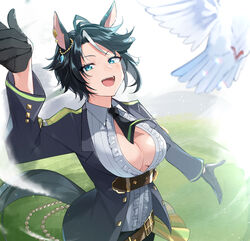  absurdres animal_ears belt bird black_gloves black_hair blue_eyes breasts cleavage commentary dove female formal fuji_kiseki_(umamusume) gloves highres horse_ears horse_girl horse_tail medium_breasts necktie open_clothes open_shirt short_hair suit tail umamusume yuama_(drop) 