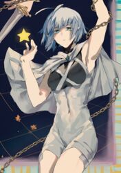  absurdres antenna_hair aqua_eyes capelet chains covered_navel female grey_hair highres julia_yit pixiv_fantasia pixiv_fantasia_age_of_starlight short_hair solo star_(symbol) star_girl_luna sword weapon white_capelet 