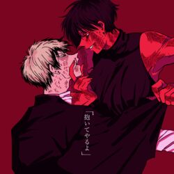  1boy assertive_female bruise burn_scar clothes_grab cypher defeat ear_piercing female hand_on_another&#039;s_chin highres injury jujutsu_kaisen looking_at_another multicolored_hair piercing scar shirt short_hair sleeve_grab sleeveless sleeveless_shirt smile spoilers straight turtleneck two-tone_hair zen&#039;in_maki zen&#039;in_naoya 