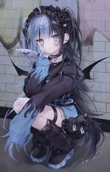  absurdres ahoge bad_id bad_twitter_id bandaid bandaid_on_cheek bandaid_on_face bandaid_on_knee bandaid_on_leg black_choker black_footwear black_hair black_hoodie black_socks blue_eyes blush choker closed_mouth commentary_request demon_wings ear_piercing female full_body graffiti grey_eyes hair_between_eyes hair_ornament highres holding holding_knife hood hoodie knife leg_warmers long_hair long_sleeves looking_at_viewer maid_headdress mashiro_shiki multicolored_hair original piercing shoes sneakers socks solo squatting tile_wall tiles two-tone_hair wings 