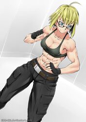  abs belt belt_buckle black_gloves black_legwear blonde_hair blue_eyes brown_belt buckle cargo_pants clenched_hand collarbone ebr-kii female fighting_stance fingerless_gloves gloves muscle muscular_female navel original pants short_hair smile solo sports_bra standing tagme 