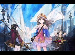  2girls atelier_(series) atelier_totori bare_shoulders black_hair blue_sleeves brown_hair closed_mouth detached_sleeves dress gino_knab hat hatoya_hato letterboxed long_hair looking_at_viewer mimi_houllier_von_schwarzlang multiple_girls open_mouth skirt smile thighhighs totooria_helmold 