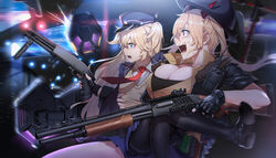  2girls black_gloves black_headwear black_jacket black_legwear blonde_hair blue_eyes blue_headwear blue_skirt bomber_jacket breasts commentary_request fingerless_gloves girls&#039;_frontline gloves gun hat highres holding holding_gun holding_weapon jacket korean_commentary large_breasts long_sleeves m870_(girls&#039;_frontline) miniskirt multiple_girls necktie pantyhose pleated_skirt police_hat pump_action red_eyes red_necktie remington_870 sd_bigpie serbu_super-shorty shield shield_module short_sleeves shotgun skirt small_breasts super-shorty_(girls&#039;_frontline) twintails weapon 