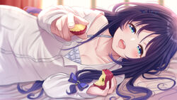  aiba_uiha aiba_uiha_(3rd_costume) apple bed black_hair blue_bow blue_eyes blush borrowed_clothes bow breasts cleavage collarbone collared_shirt dress_shirt female food fruit giving hairbow holding holding_food holding_fruit incoming_food indoors long_hair long_sleeves looking_at_viewer lying medium_breasts mizunashi_hayate mole mole_under_eye nijisanji on_bed on_side open_mouth pov shirt smile solo virtual_youtuber white_shirt window wing_collar 