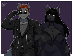  anthro black_body black_fur black_hair blush bottomwear breasts canid canine cleavage clothed clothing domestic_cat duo ear_piercing ebony_(jwinkz) eyewear felid feline felis female fur gloves hair handwear jacket jwinkz lanefurno leather leather_bottomwear leather_clothing leather_gloves leather_handwear leather_jacket leather_pants leather_topwear male mammal markings mole_(marking) pants piercing sunglasses topwear 