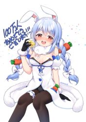  :d alcohol animal_ear_fluff animal_ears artist_name bare_shoulders black_gloves black_leotard black_pantyhose blue_hair blue_ribbon blush bow braid breasts bridal_garter carrot_hair_ornament cleavage commentary_request confetti cup detached_sleeves don-chan_(usada_pekora) dress drunk feet_out_of_frame female food-themed_hair_ornament fur_trim gloves hair_between_eyes hair_ornament hairbow highres holding holding_cup hololive leotard long_hair looking_at_viewer medium_breasts milestone_celebration mixed-language_commentary multicolored_hair nose_blush open_mouth orange_eyes pantyhose pom_pom_(clothes) puffy_short_sleeves puffy_sleeves rabbit-shaped_pupils rabbit_ears rabbit_girl ribbon sasha_chii short_sleeves sidelocks simple_background sitting smile solo symbol-shaped_pupils teeth translation_request twin_braids twintails two-tone_hair upper_teeth_only usada_pekora usada_pekora_(1st_costume) very_long_hair virtual_youtuber white_background white_bow white_dress white_hair 