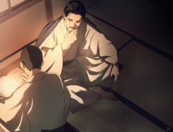  2boys aged_down barefoot black_eyes black_hair book character_request closed_mouth commentary_request facial_hair floor from_above full_body goatee golden_kamuy hair_slicked_back indoors japanese_clothes kimono light long_sleeves looking_at_another male_focus moustache multiple_boys no_scar on_floor reading short_hair sitting tr_(lauralauraluara) tsurumi_tokushirou wide_sleeves 