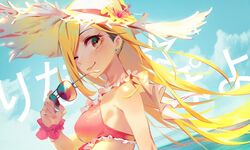  bikini blonde_hair blush closed_mouth cloud cloudy_sky day earrings female flower from_side fujimoto_rina grey_eyes hair_flower hair_ornament hat hibiscus holding idolmaster idolmaster_cinderella_girls idolmaster_cinderella_girls_starlight_stage jewelry jofang long_hair looking_at_viewer ocean one_eye_closed red_bikini scrunchie sky smile solo straw_hat sunglasses swimsuit text_background unworn_eyewear 