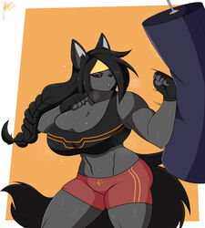  anthro big_breasts breasts canid canine cleavage clothed clothing female hair hi_res huge_breasts jwinkz mammal punching_bag solo 