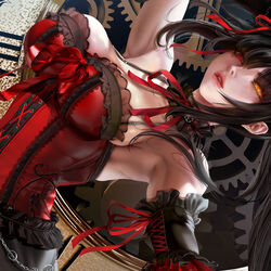  armpits black_hair breasts choker clock clock_eyes commentary date_a_live detached_sleeves dress english_commentary female gothic_lolita heterochromia javier_estrada large_breasts lolita_fashion long_hair parted_lips red_eyes roman_numeral solo symbol-shaped_pupils thighs tokisaki_kurumi twintails uneven_twintails yellow_eyes 