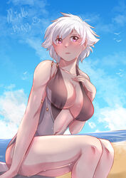  beach bird bleach blue_sky blush breasts cleavage cloud female fingernails grey_one-piece_swimsuit hand_on_own_chest highres horizon kotetsu_isane large_breasts long_fingernails looking_back navel one-piece_swimsuit open_mouth outdoors purple_eyes rinku_bny sand short_hair signature sky solo swimsuit thighs water wet white_hair 