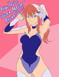  artist_request birdy_cephon_altera blue_eyes blue_leotard breasts cleavage covered_navel elbow_gloves female gloves impossible_clothes leotard long_hair looking_at_viewer multicolored_hair red_hair smile solo standing tetsuwan_birdy tetsuwan_birdy_decode two-tone_hair white_hair 