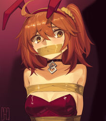  ahoge animal_ears bare_shoulders black_choker bondage bondage bound cad_(caddo) choker commentary fake_animal_ears fate/grand_order fate_(series) female fujimaru_ritsuka_(female) gag gagged highres improvised_gag leotard looking_at_viewer medium_hair one_side_up orange_hair playboy_bunny rabbit_ears red_leotard solo strapless strapless_leotard tape tape_gag upper_body variant_set yellow_eyes 