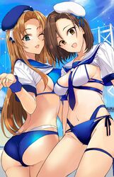  2girls ashita_(2010) ass bad_id bad_twitter_id beret blue_eyes blue_sky blush breasts brown_eyes brown_hair collarbone cropped_shirt day hat highres idolmaster idolmaster_cinderella_girls large_breasts light_brown_hair long_hair looking_at_viewer matsumoto_sarina mizuki_seira multiple_girls navel one_eye_closed open_mouth parted_bangs sailor_collar sailor_shirt shirt short_hair short_sleeves sky smile thighs 