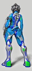  absurd_res ambiguous_gender android anthro ass biomechanical blue_body clothing cybernetic_arm cybernetic_head cybernetic_limb footwear full-length_portrait grey_background hi_res high_heels machine mechafurry multicolored_body platform_footwear platform_heels portrait rear_view robot sdx3 simple_background solo wire 