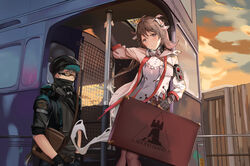  1other absurdres ahoge animal_ears arknights auguste bag black_gloves black_headwear black_jacket brown_eyes brown_hair brown_legwear cloud cloudy_sky day dress ear_protection elbow_gloves eyjafjalla_(arknights) feet_out_of_frame female fence gloves goat_girl goggles highres holding holding_suitcase horns jacket layered_dress long_hair long_sleeves looking_at_viewer motor_vehicle open_clothes open_jacket orange_eyes outdoors purple_dress sheep_ears sheep_horns short_sleeves shoulder_bag sky standing suitcase sunglasses van walkie-talkie white_jacket wooden_fence 