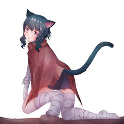  alternate_eye_color animal_ears bandaged_arm bandaged_foot bandaged_hand bandaged_leg bandages black_fur black_hair black_tail blush brown_cloak cat_ears cat_girl cat_tail cloak commentary_request female fran_(tensei_shitara_ken_deshita) from_behind grey_footwear grey_legwear head_tilt highres jide_(gmlfksk7) light_blush looking_at_viewer looking_back medium_hair oerba_yun_fang open_mouth partial_commentary pink_eyes simple_background solo tail tensei_shitara_ken_deshita thighs tongue torn_cloak torn_clothes white_background 