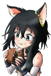  animal_ears bare_shoulders black_eyes black_fur black_gloves black_hair blue_eyes blush cat_ears cat_girl closed_mouth commentary earrings eating female fingerless_gloves food fran_(tensei_shitara_ken_deshita) gloves gold_earrings hair_between_eyes hands_up holding holding_food jewelry looking_away medium_hair multicolored_eyes pachiki_kuma_@kps_choro simple_background solo stomach tensei_shitara_ken_deshita upper_body white_background 