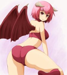  ass bat_wings breasts closed_mouth demon_girl demon_wings female horns large_breasts looking_at_viewer lowres monster_farm pink_hair pixie_(monster_farm) red_eyes runaru short_hair simple_background smile solo wings 