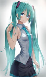  absurdres aqua_hair aqua_nails aqua_necktie arm_at_side armpit_crease bare_arms bare_shoulders bib_(bibboss39) black_skirt blue_eyes blush breasts closed_mouth collared_shirt commentary dress_shirt female gradient_background grey_background grey_shirt hand_up hatsune_miku highres long_hair looking_at_viewer miniskirt nail_polish necktie no_detached_sleeves pleated_skirt shirt skirt sleeveless sleeveless_shirt small_breasts smile solo twintails very_long_hair vocaloid 