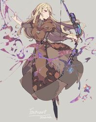  arrow_(projectile) artist_name bad_id bad_pixiv_id blonde_hair bow_(weapon) brown_dress dress enkiri_dion female full_body grey_background hair_over_one_eye highres holding holding_bow_(weapon) holding_weapon lemming_no_suana long_hair red_eyes simple_background smile solo warau_ars_notoria weapon 