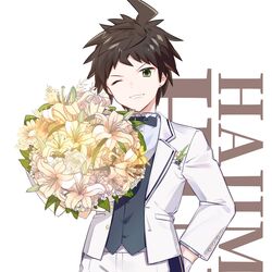  1boy absurdres ahoge bad_id bad_twitter_id bouquet bow bowtie brown_eyes character_name collared_shirt commentary_request cowboy_shot danganronpa_(series) danganronpa_2:_goodbye_despair earrings flower gloves green_eyes highres hinata_hajime holding holding_bouquet jacket jewelry long_sleeves looking_at_viewer male_focus midou_(grk12138) one_eye_closed open_clothes open_jacket pants shirt short_hair simple_background solo vest white_background white_gloves white_jacket white_pants white_shirt 