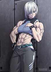  abs bare_shoulders belt belt_buckle black_belt blue_eyes bracelet breasts buckle closed_mouth cowboy_shot ebr-kii female hair_over_one_eye jewelry long_hair looking_at_viewer midriff muscular muscular_female navel obliques one_eye_covered pants phantasy_star phantasy_star_online_2 photoshop_(medium) short_hair simple_background sleeveless solo spiked_bracelet spikes sports_bra standing veins white_hair 