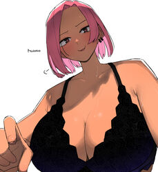  blush breasts cleavage dark-skinned_female dark_skin earrings english_text female jewelry large_breasts looking_at_viewer ohasi original pink_(ohasi) pink_hair short_hair simple_background solo sweat underwear white_background 