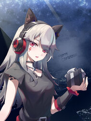  absurdres animal_ears arknights arm_up black_choker black_shirt box breasts choker christmas facepaint female fox_ears frostleaf_(arknights) gift gift_box grey_hair headphones highres holding holding_gift implied_extra_ears ling_huanxiang long_hair looking_at_viewer material_growth medium_breasts merry_christmas night night_sky open_mouth oripathy_lesion_(arknights) red_eyes shirt short_sleeves sky solo 