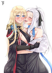  2girls :t absurdres azur_lane bare_shoulders bismarck_(azur_lane) bismarck_(beacon_of_the_iron_blood)_(azur_lane) black_gloves blonde_hair blue_eyes blush breasts cheek_press cleavage closed_eyes coat commission cowboy_shot epaulettes fur-trimmed_coat fur_trim gloves grey_hair highres hug large_breasts long_hair multiple_girls official_alternate_costume ponytail second-party_source single_epaulette smile toy_bits uniform white_background yorktown_(azur_lane) yorktown_(evening_i_can&#039;t_remember)_(azur_lane) yuri 